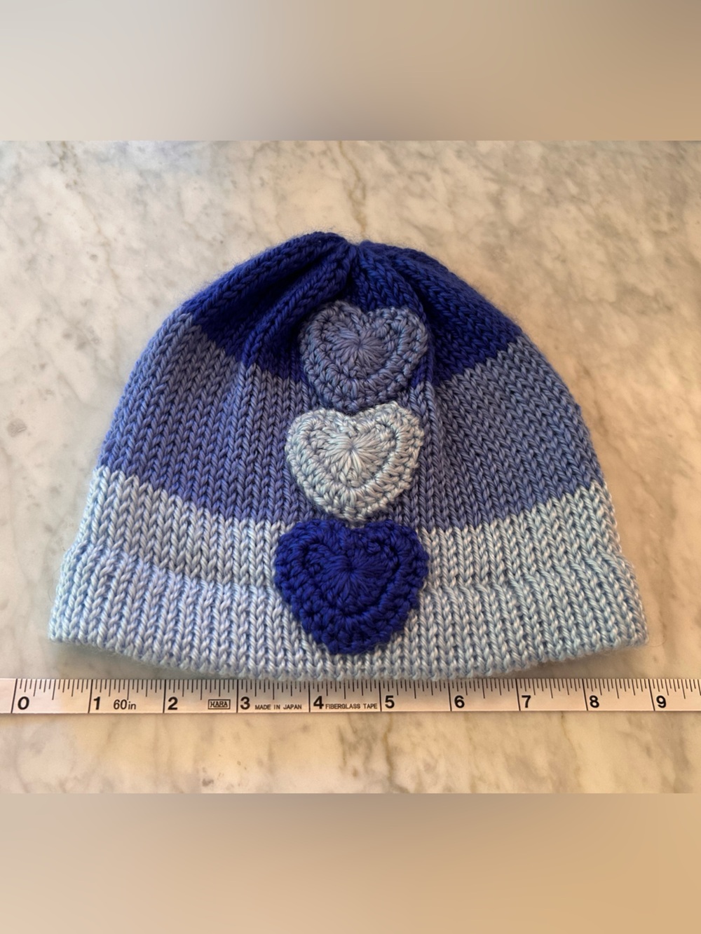 Hand-Knit Blue ombré Heart Beanie for Kids - Soft Striped Knit Hat